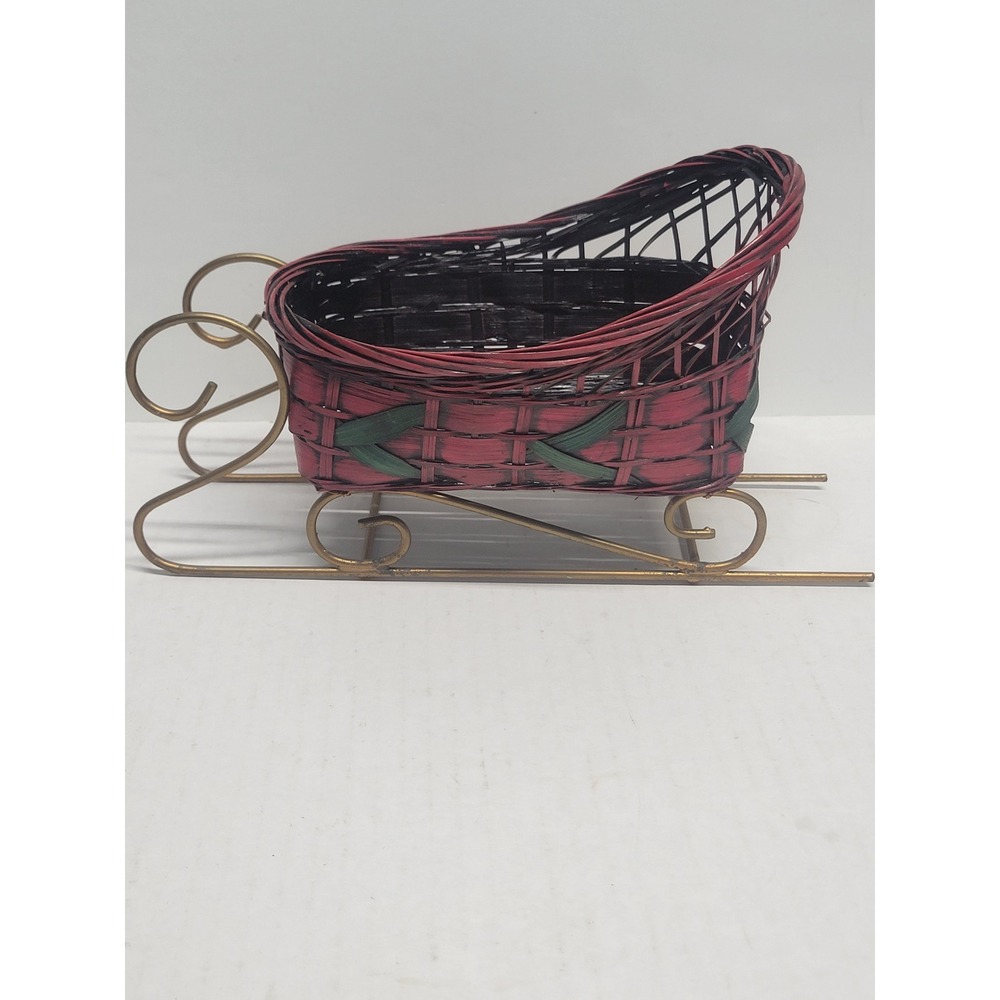 Vintage Christmas Sleigh Basket Red Wicker Gold Metal Runners Holiday Decor 10in